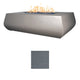Linear concrete gas fire table with flames; gray finish with morning fog color swatch