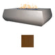 Linear concrete gas fire table with flames; gray finish with urban slate color swatch