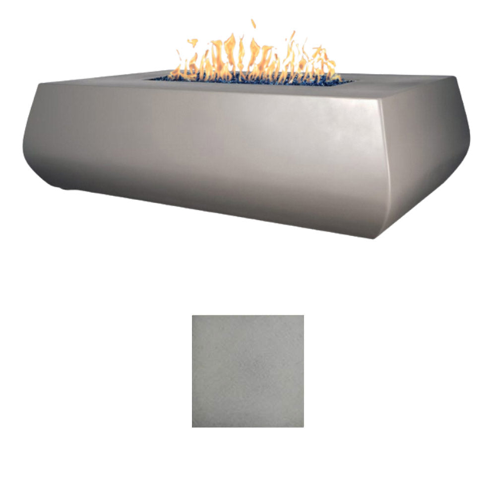 Linear concrete gas fire table with flames; gray finish with rain cloud color swatch
