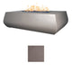 Linear concrete gas fire table with gray finish and visible flames; gray color sample