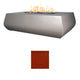 Linear concrete gas fire table with gray finish and visible flames; red color sample