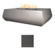 Linear concrete gas fire table with gray finish and visible flames; dark gray color sample