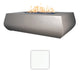 Linear concrete gas fire table with gray finish and visible flames; white color sample