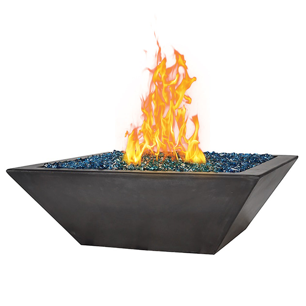 Black square fire bowl with blue glass and tall flames