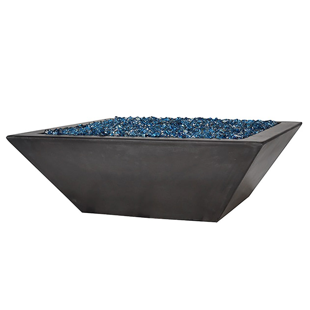 Black square fire bowl with blue glass insert, no flames