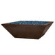 Square fire bowl with blue fire glass, dark walnut brown finish, low profile, 30 in