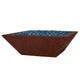 Square fire bowl with blue fire glass, red-brown terra cotta finish, low profile, 30 in
