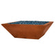 Square fire bowl with blue fire glass, warm rust finish, low profile, 30 in