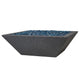 Gray square fire bowl with blue glass insert and speckled texture