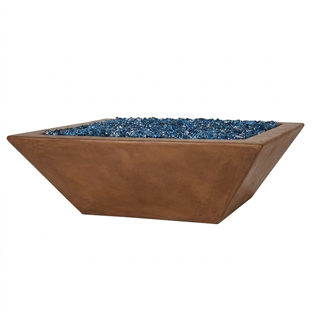 Square fire bowl with blue fire glass, tan finish, low profile, 30 in