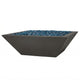 Square fire bowl with blue fire glass, dark gray finish, low profile, 30 in