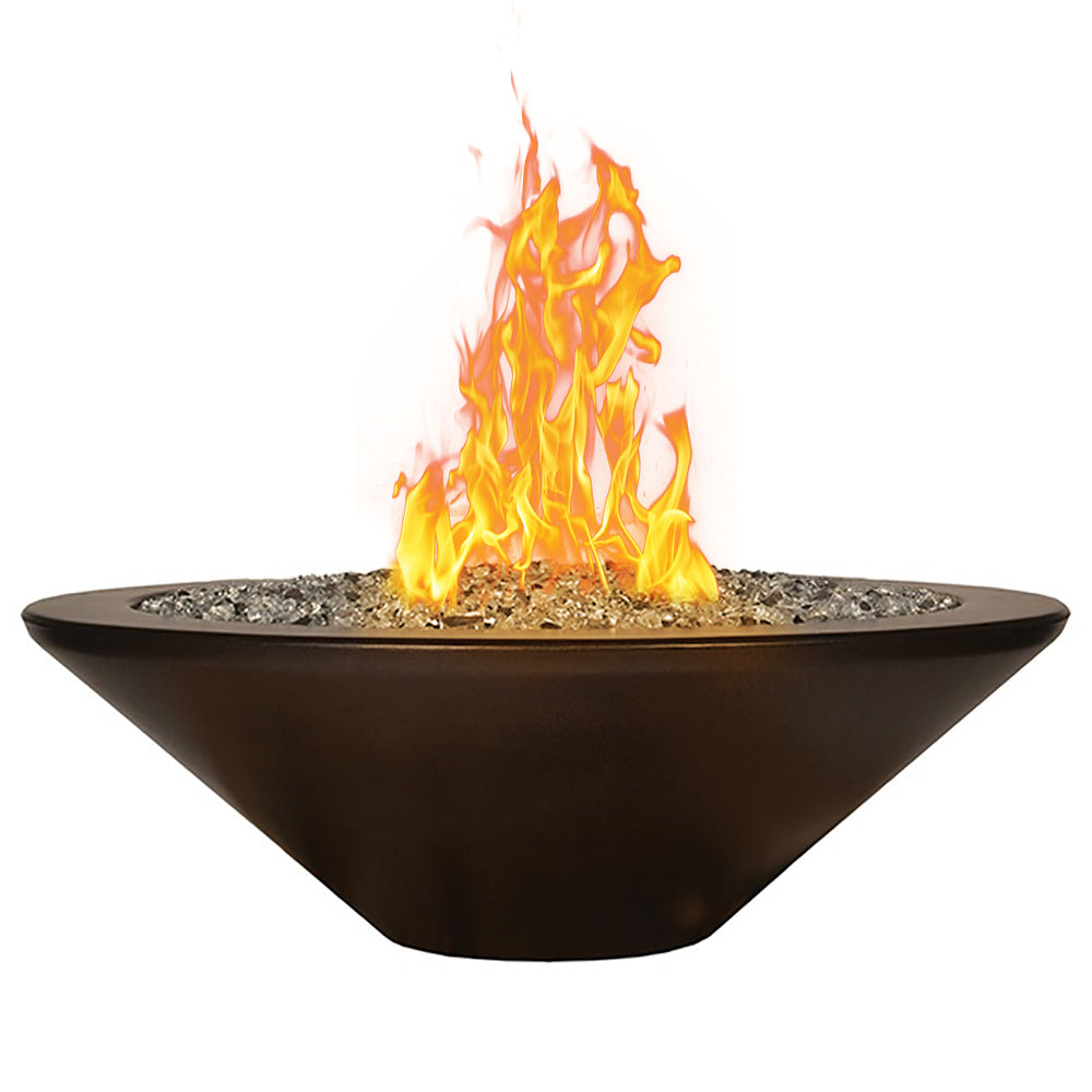 Brown round fire bowl with bright flames and gray lava rocks