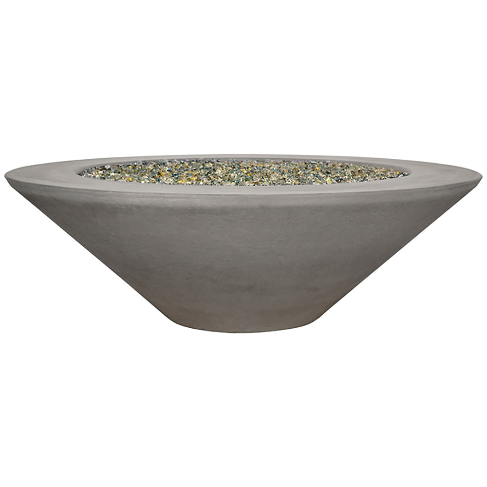Round concrete fire pit table with glass fire media, gray finish