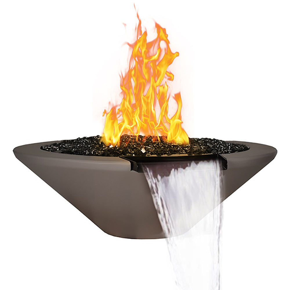 Round dark fire-and-water bowl with flames up and water spilling from center.