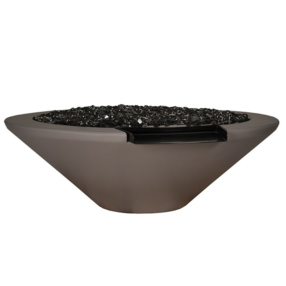 Round fire and water bowl with rock-filled burner and front spout, dark finish