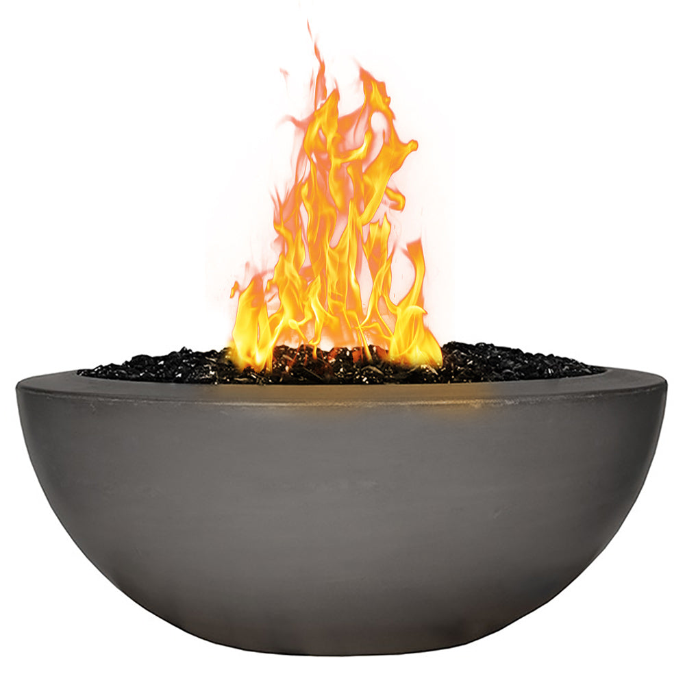 Black round fire bowl with open flame and lava rock burner
