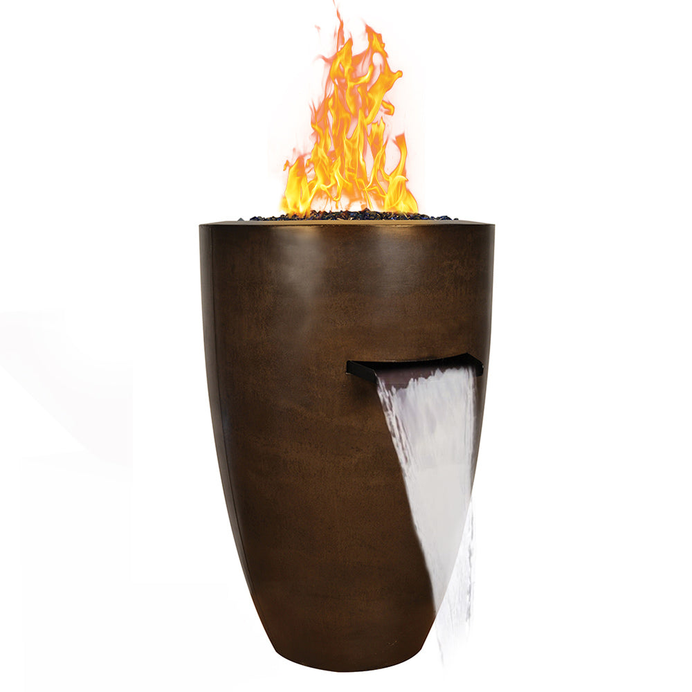 Round 24-inch fire and water vase, dark brown with flame top and white side panel