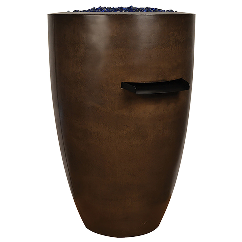 Round 24-inch fire and water vase, dark brown with front opening and ledge