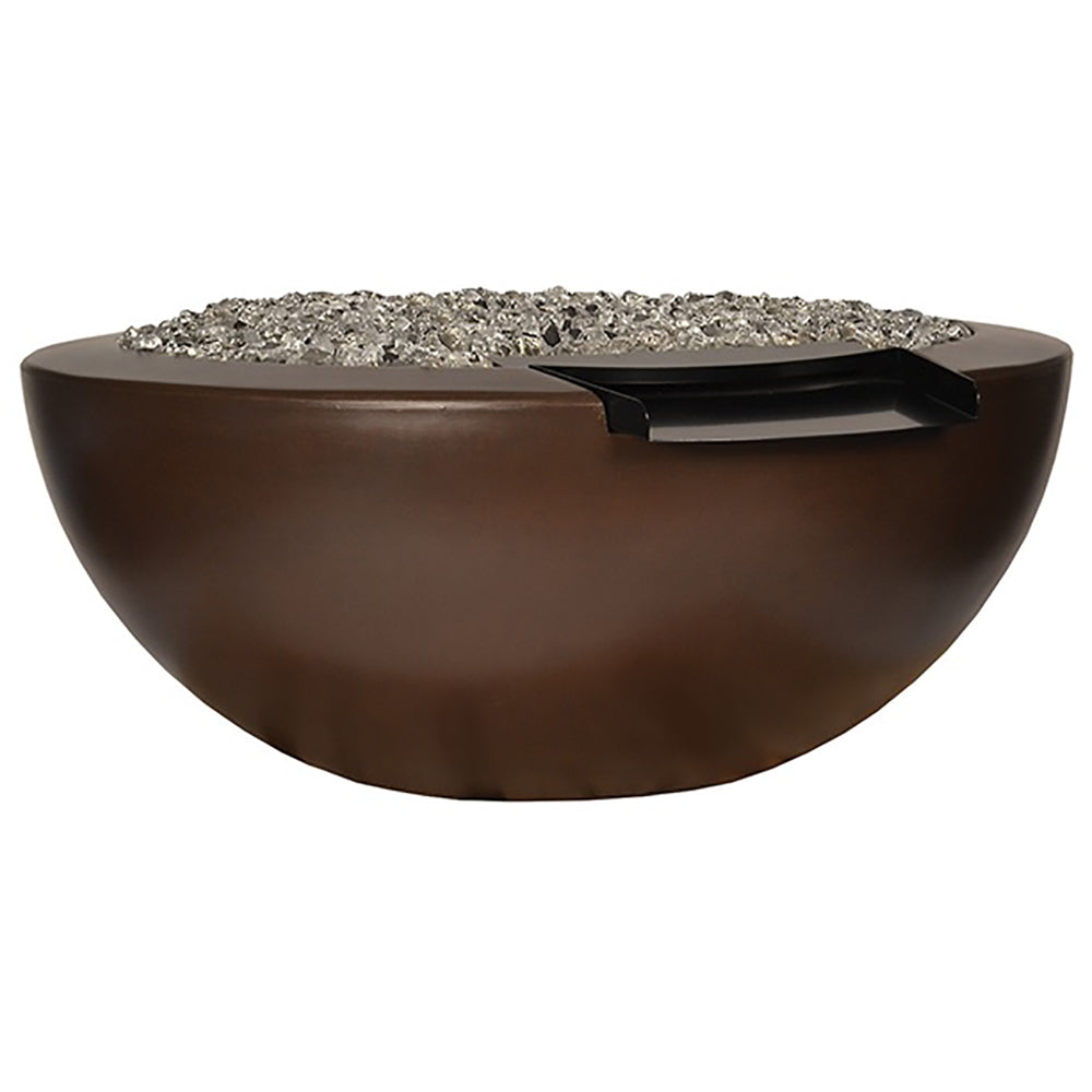 Dark brown round fire and water bowl with black flame cap and lava rocks