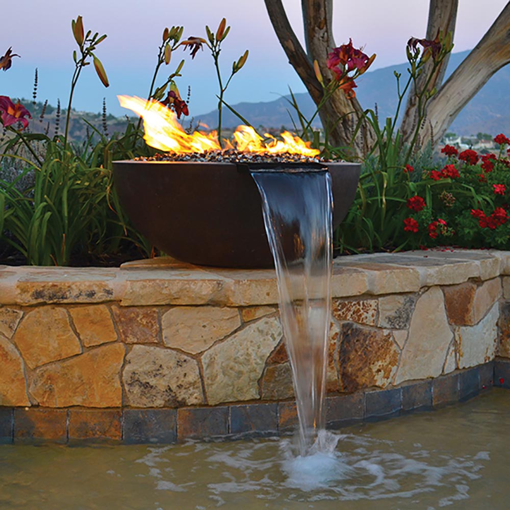 Outdoor fire and water bowl with flames and a stream of water pouring from center