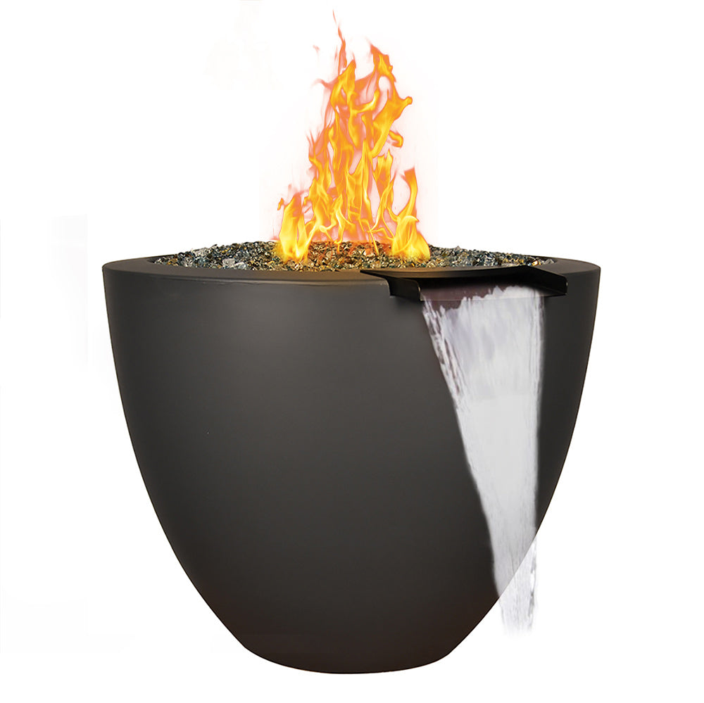 Black round fire and water vase with flames and water spill