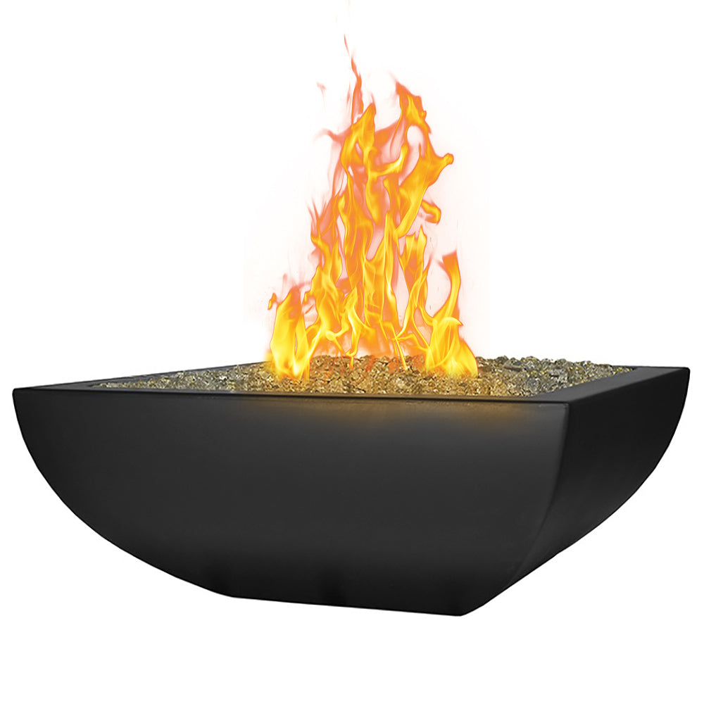 Black low square fire bowl with visible flames and burner rocks