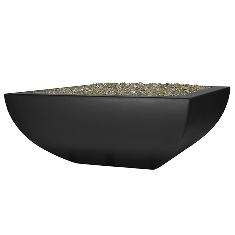 Black low square fire bowl with burner rocks, no flames