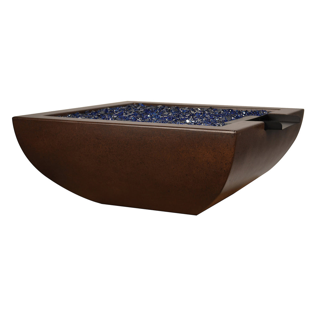 Square fire and water bowl with dark bronze finish and blue pebbled basin