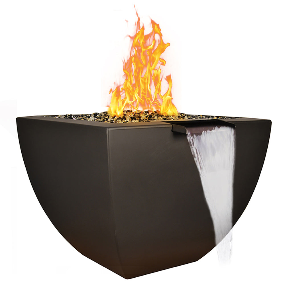 Square fire-and-water vase with flames and water spout, dark finish