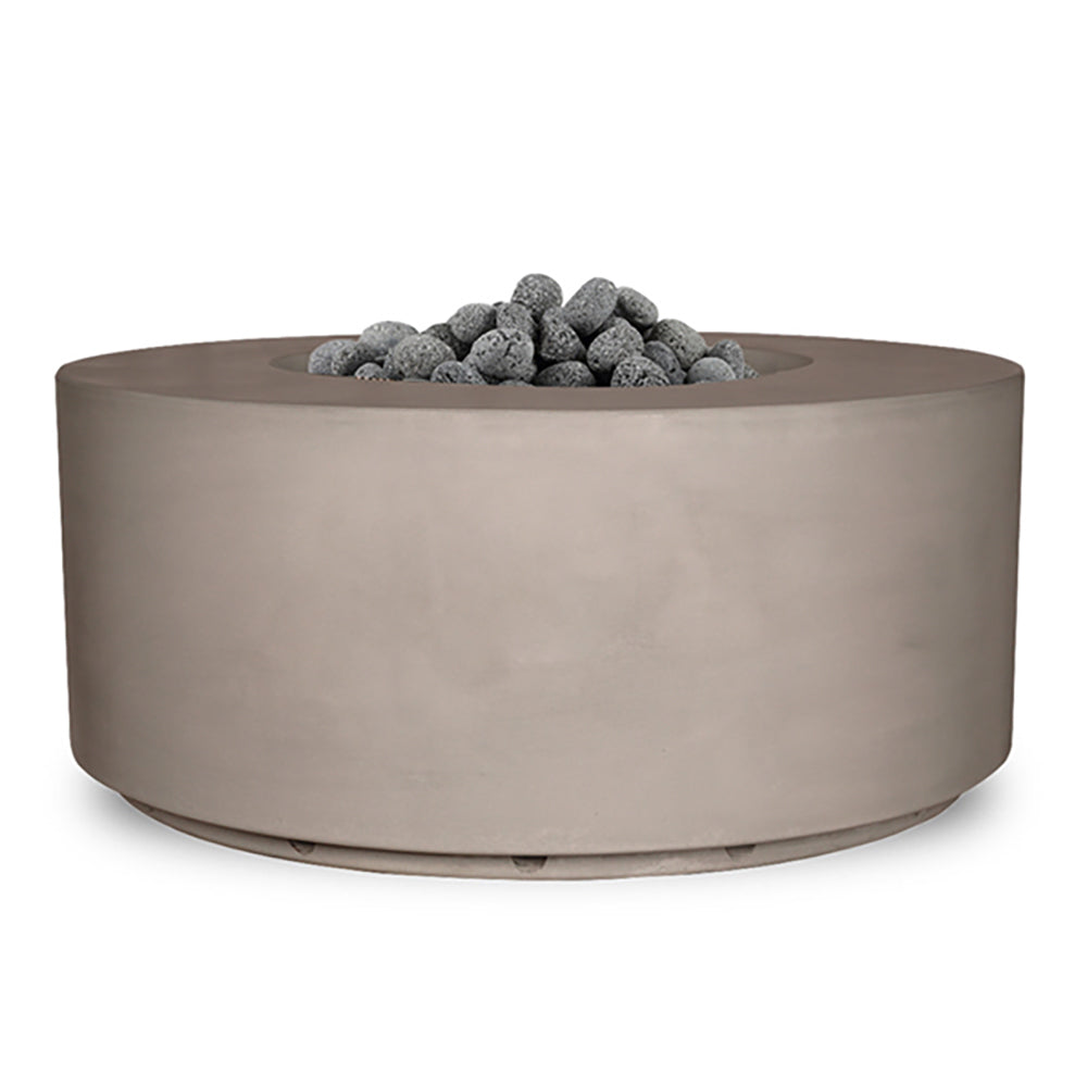 Cylindrical outdoor fire table with gray finish and faux stone fire bed
