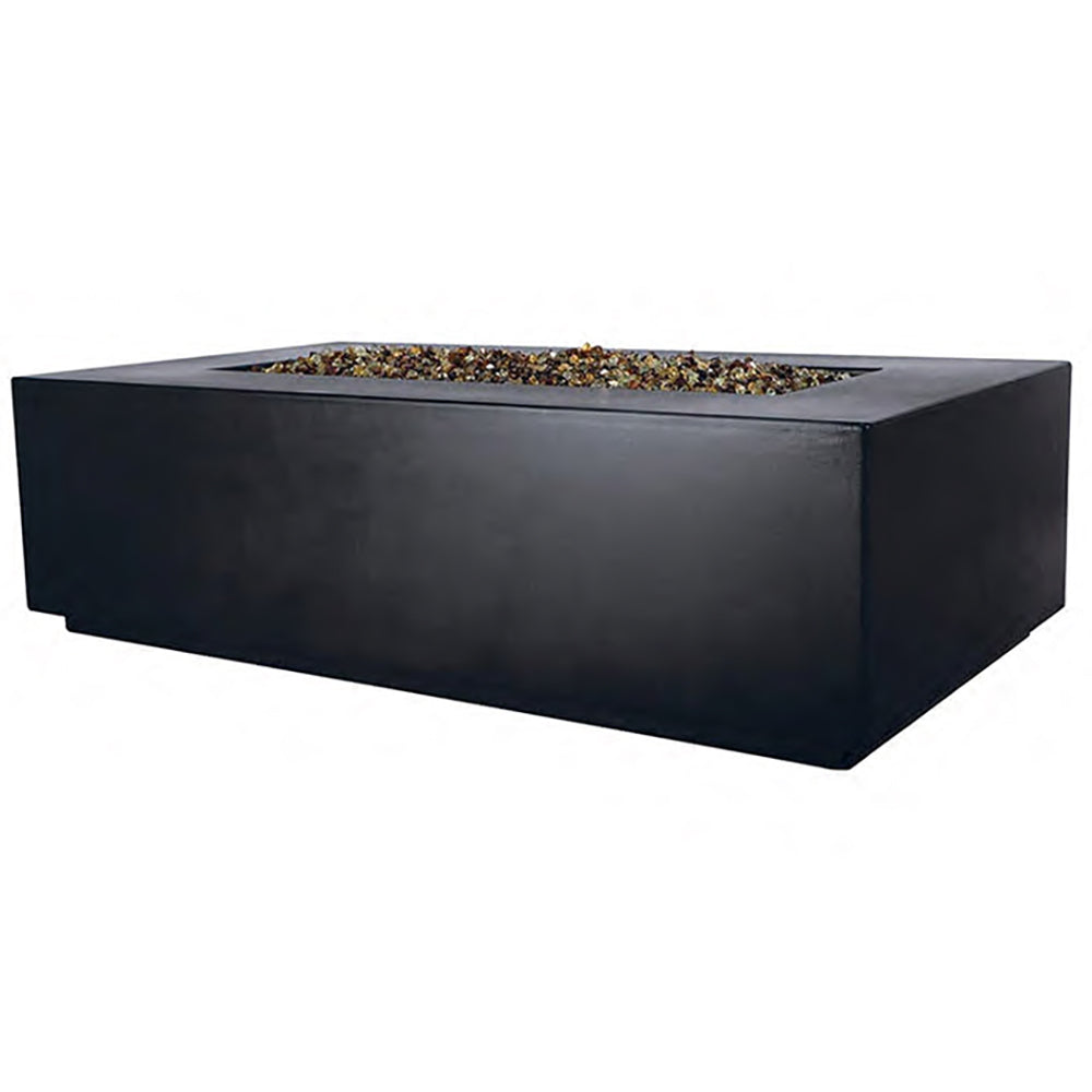 Black rectangular fire table with decorative fire media in the top opening