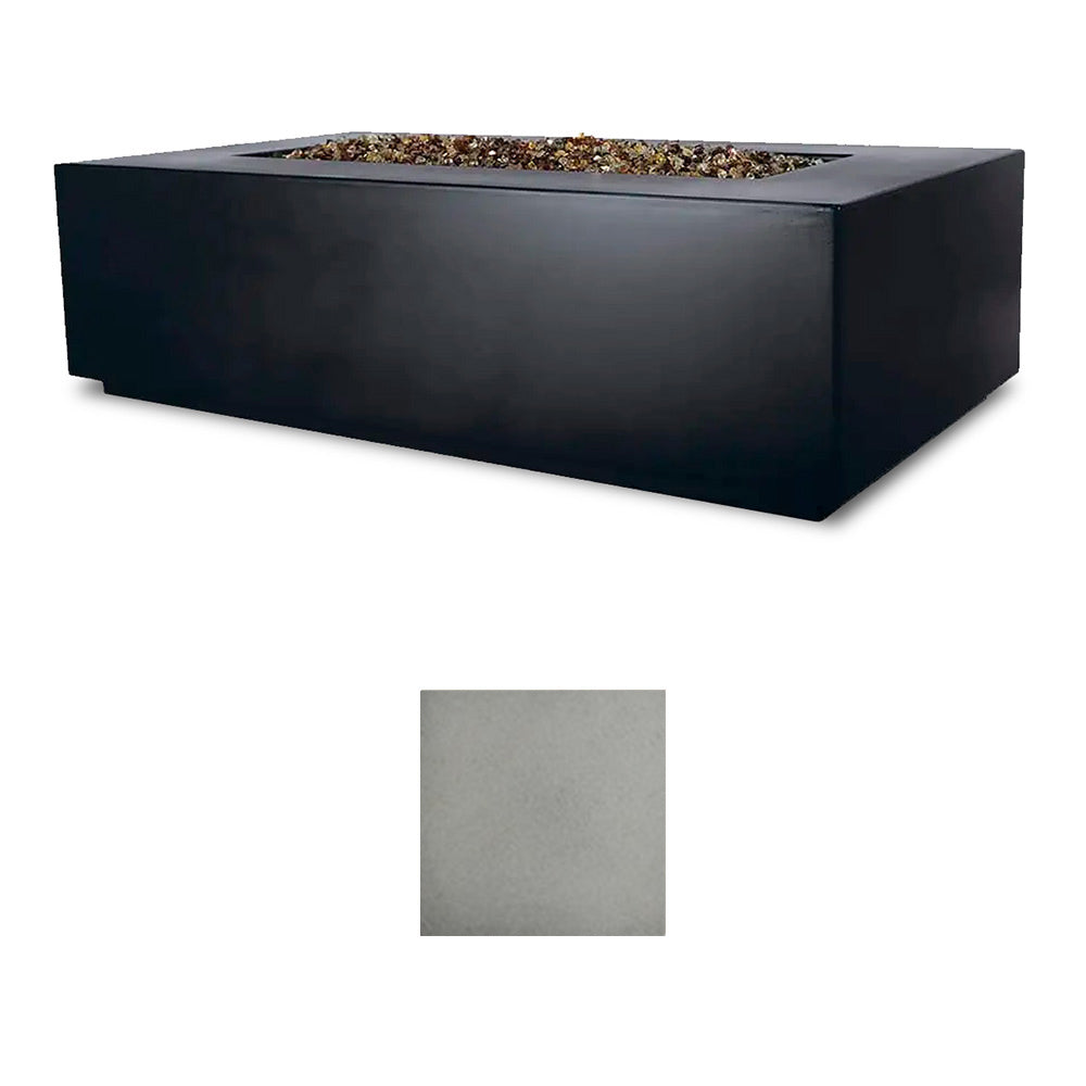 Rectangular outdoor fire table with light gray finish shown by the color swatch.
