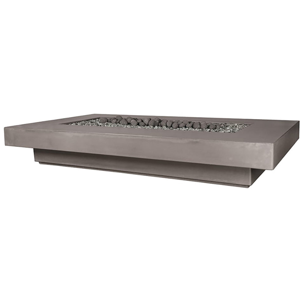 Rectangular outdoor fire table with gray concrete surround and open burner tray