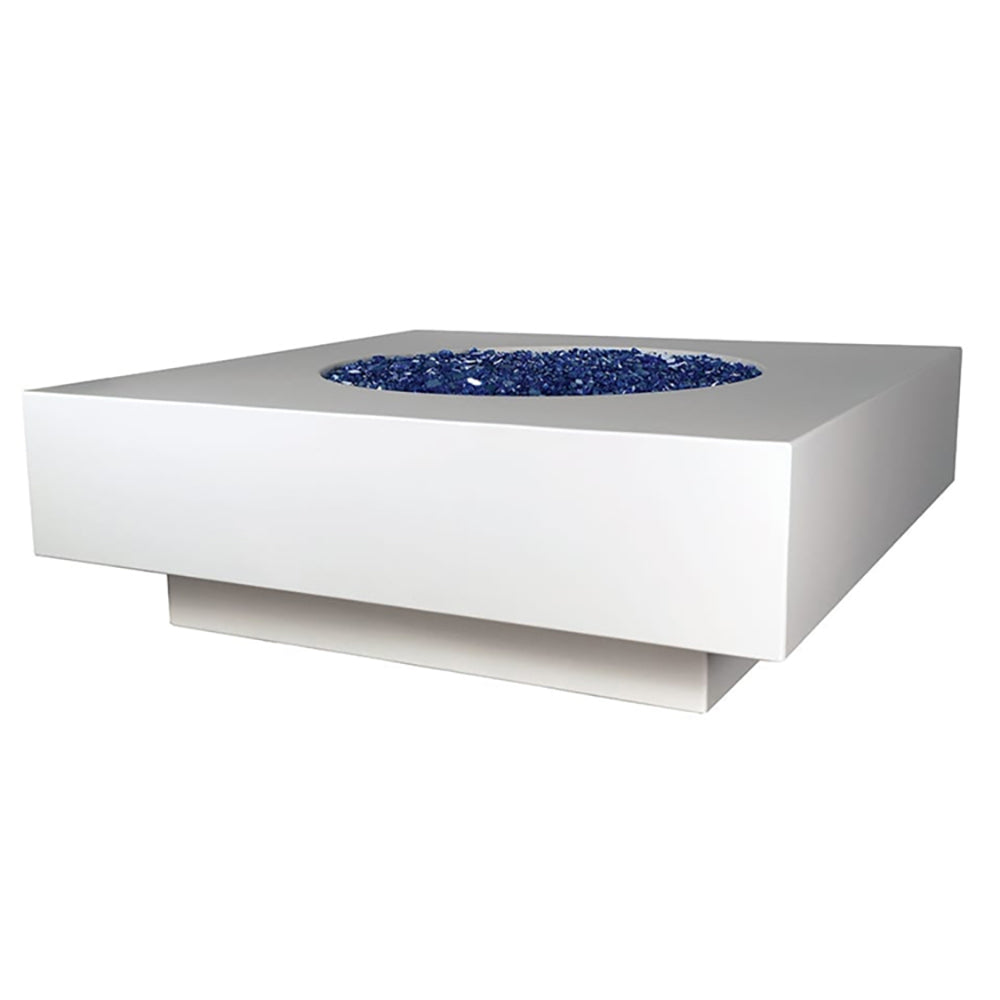 Square metal fire pit with white finish and blue flame in center bowl