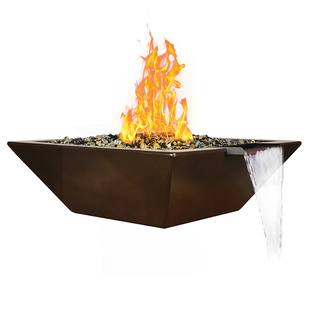 Fire and water bowl with flames and water stream in dark square basin