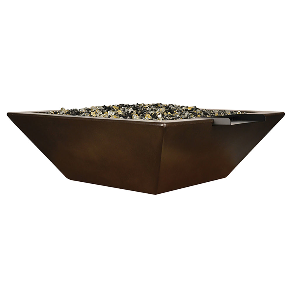 Square fire and water bowl with lava rocks, dark bronze finish, no flames