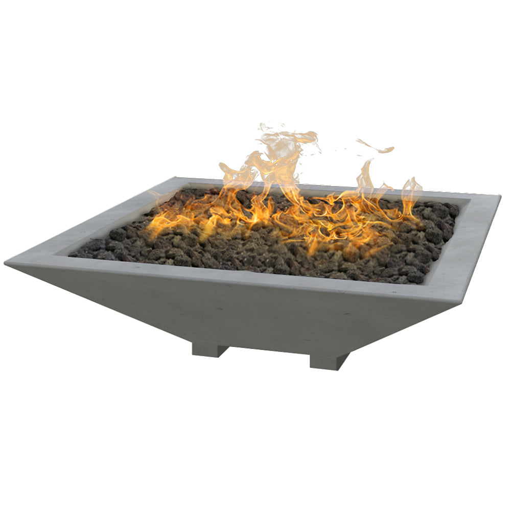 Grey square GFRC fire bowl with burning flames and visible gravel interior