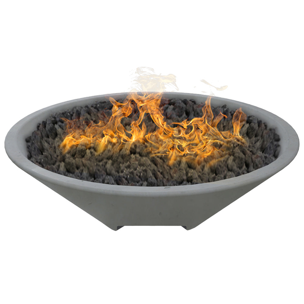 Gray GFRC fire bowl with orange flames and dark lava rocks