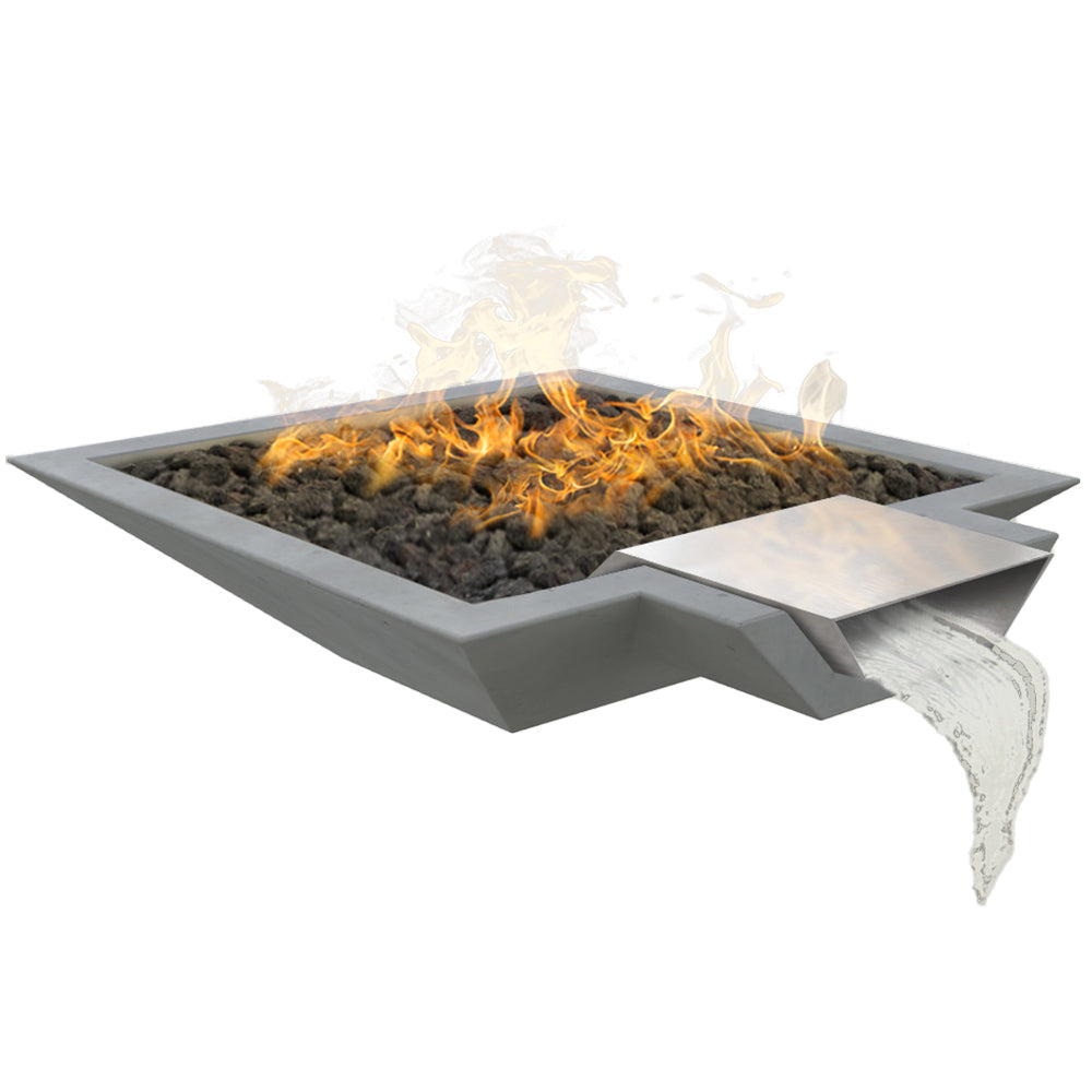 Square GFRC fire and water bowl with flames and dark lava rocks, gray exterior