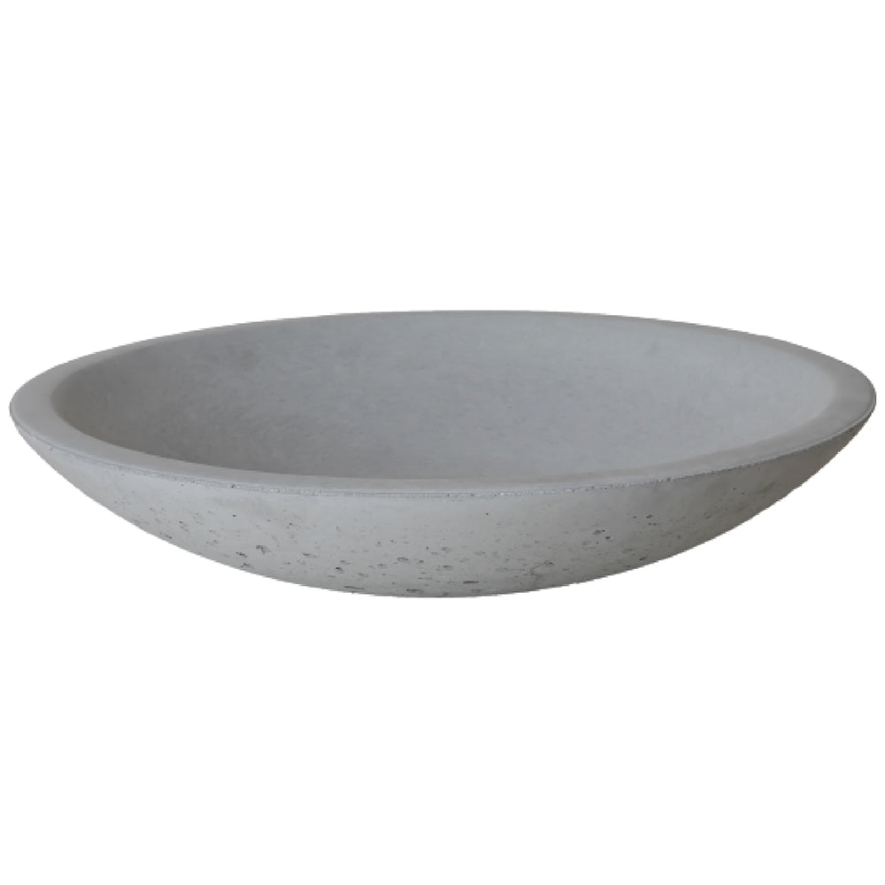 Gray low-profile fire bowl with wide rim and smooth concrete-like finish
