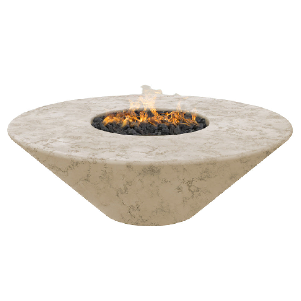 GFRC fire pit table with round oblique top and inset fire bowl, light bone finish