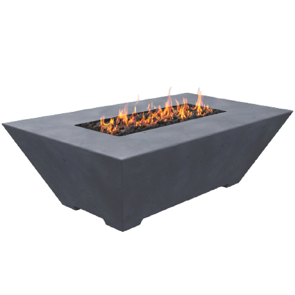 Square GFRC fire pit table with open burner and visible flames, dark gray finish