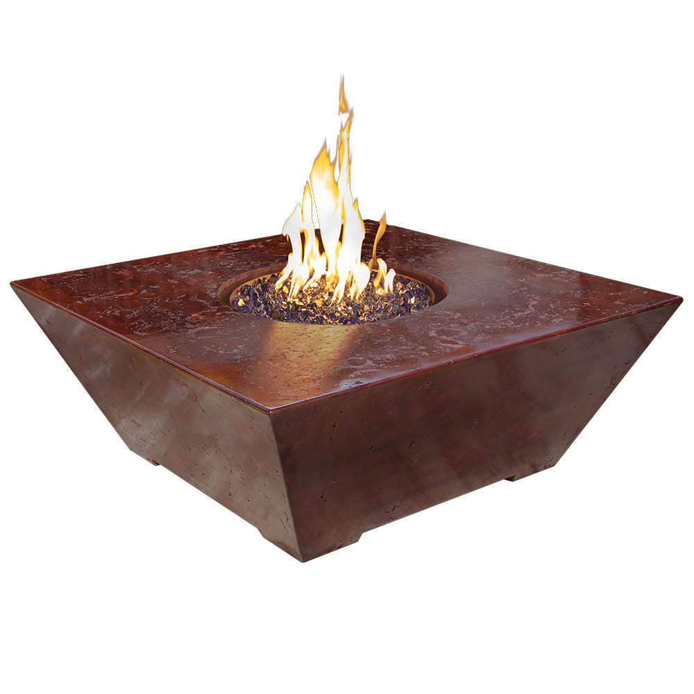 Square GFRC fire pit table with flame, dark rust-brown finish