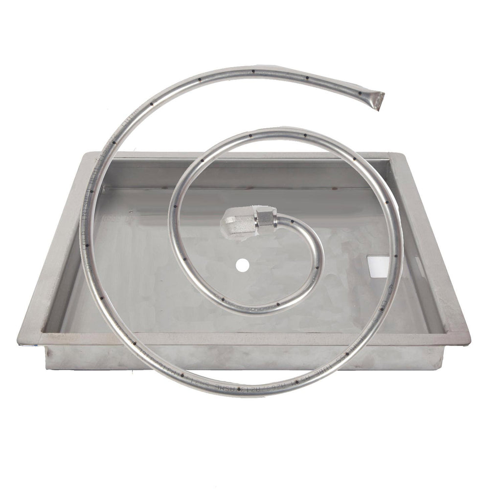 Square drop-in gas fire pit burner kit pan with circular burner ring and center valve