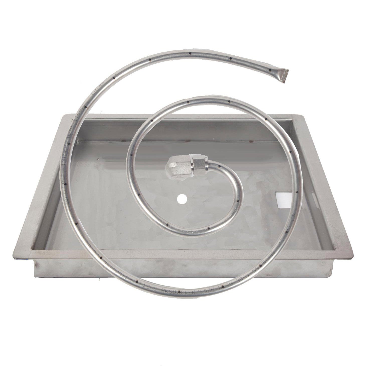 Square drop-in gas fire pit burner kit pan with circular burner ring and center valve
