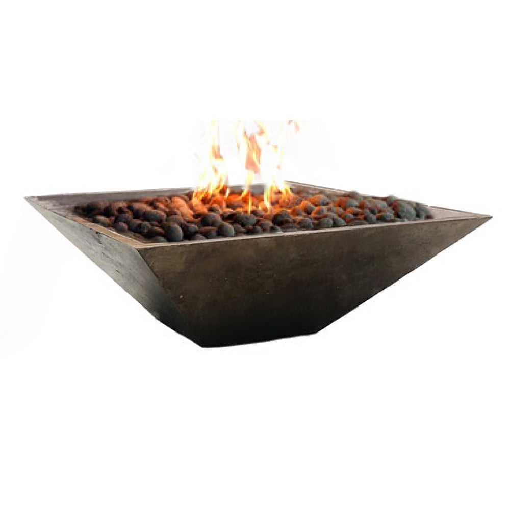 Square GFRC fire bowl in dark grey with open flames and burner stones