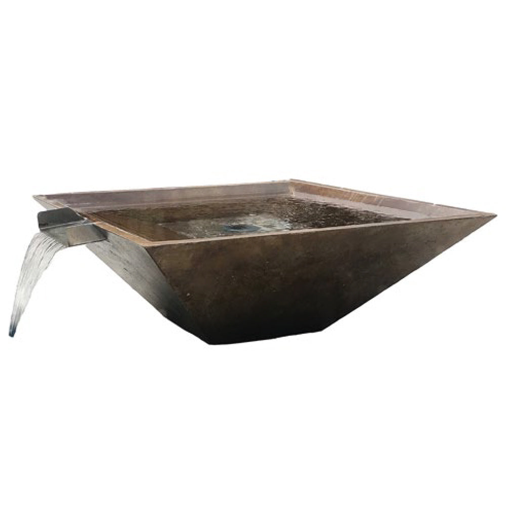 Square GFRC fire and water bowl with dark brown finish and side water feature