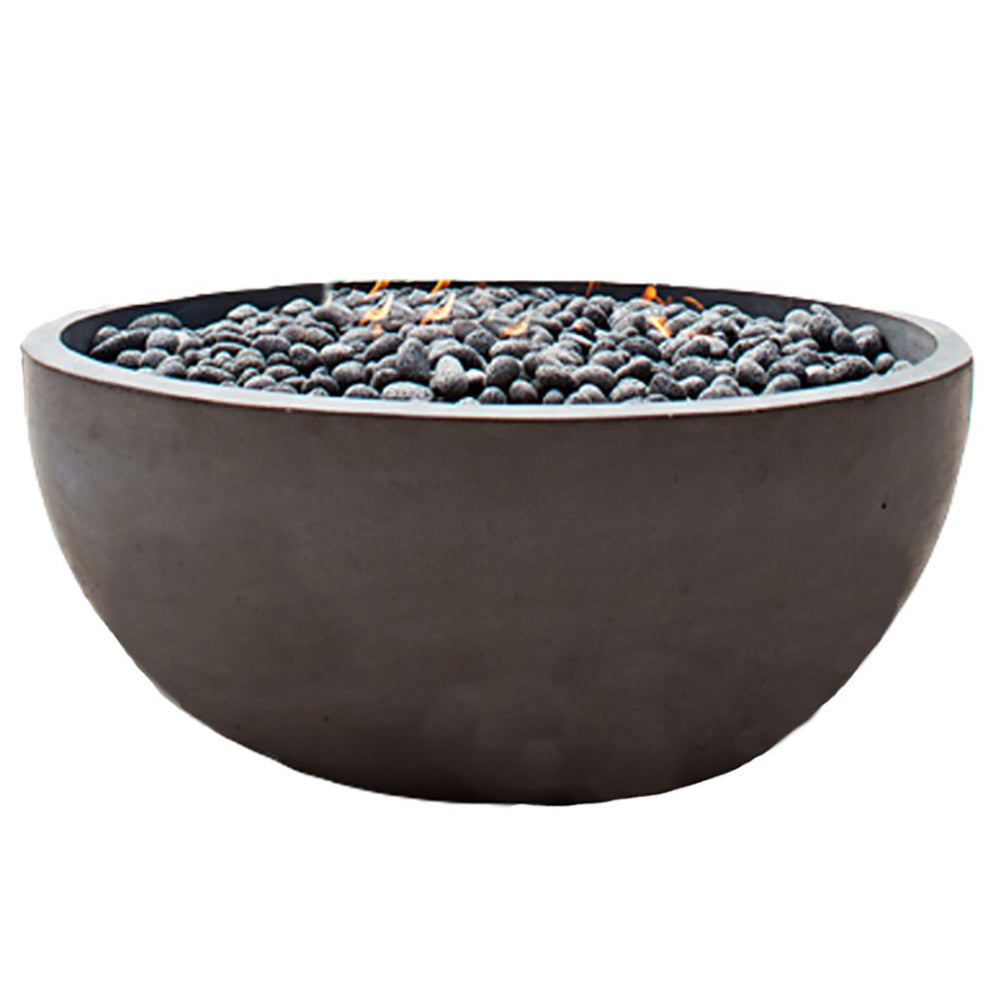 Round GFRC fire bowl with dark grey finish and pebble-style fire media