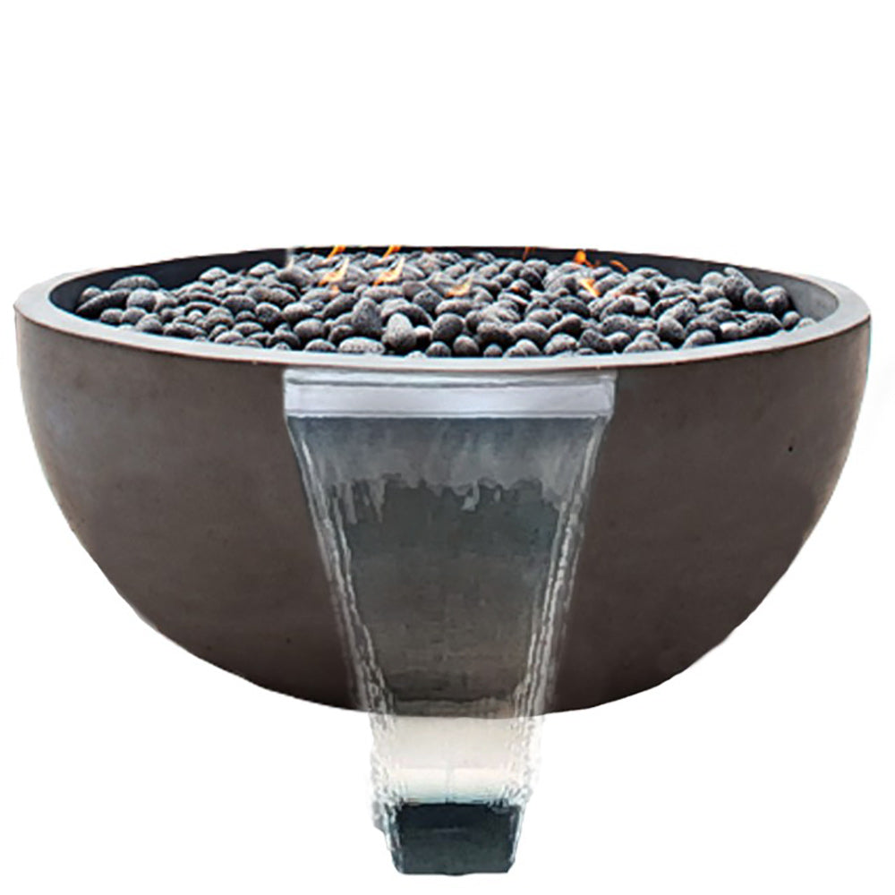 Round GFRC fire and water bowl with dark grey vessel, rock basin, and front burner panel