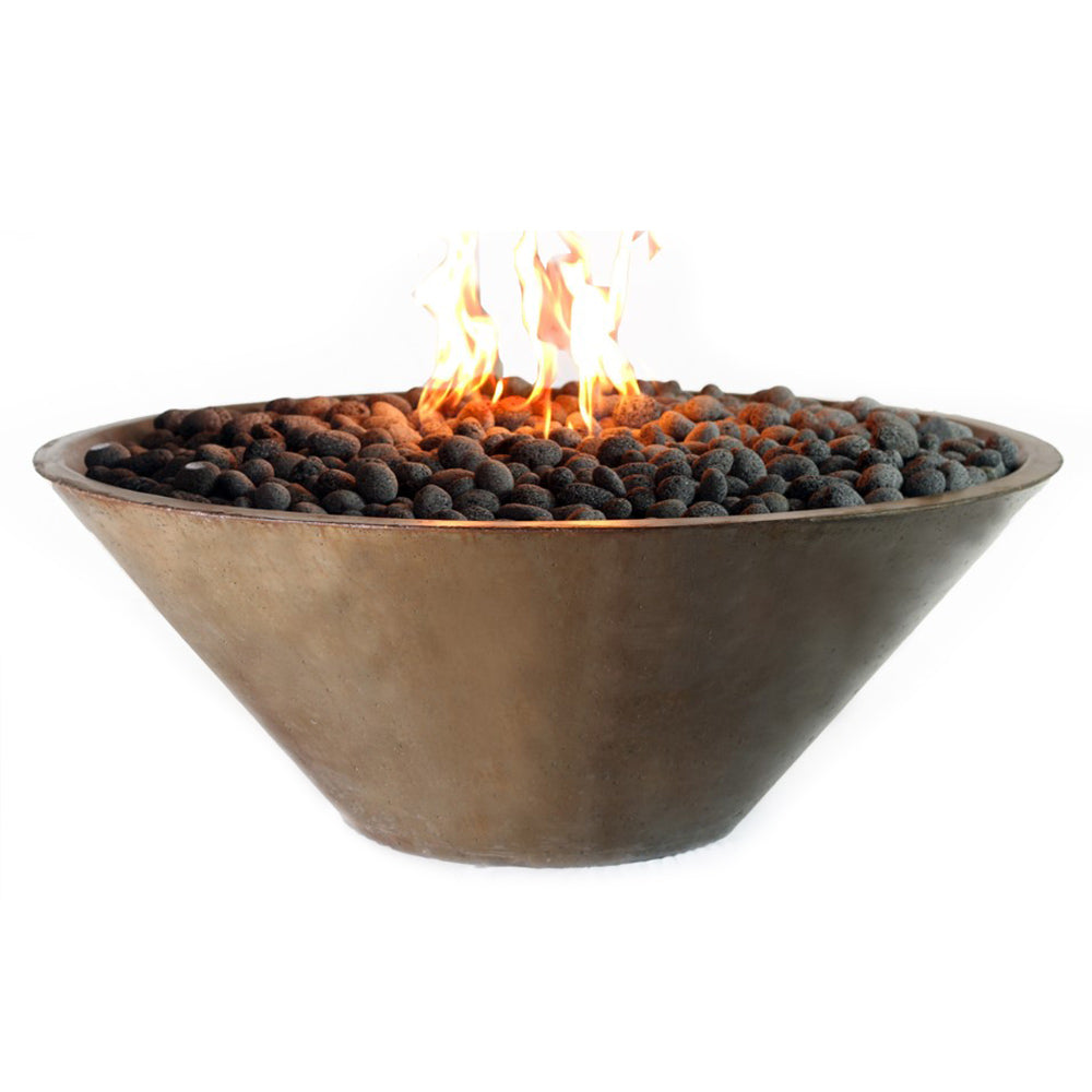 Round GFRC fire bowl with pebble-style rocks and open flames in dark grey.